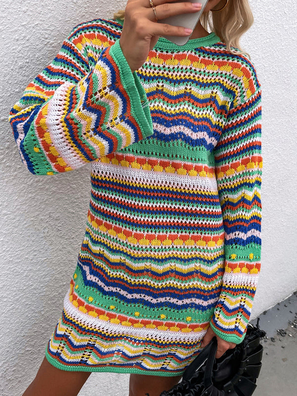 Pullover Rainbow Stripe Mini Sweater Dress