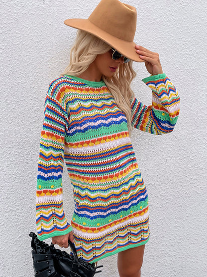 Pullover Rainbow Stripe Mini Sweater Dress