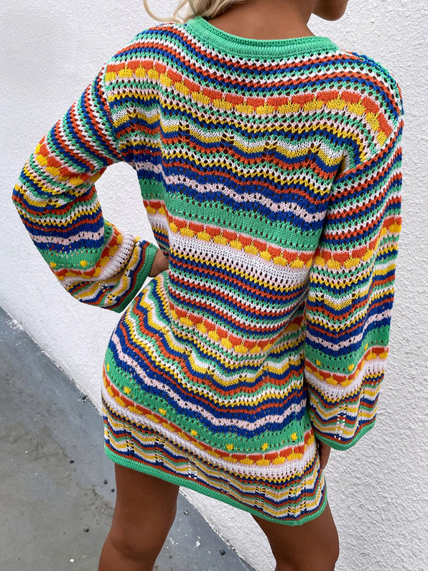 Pullover Rainbow Stripe Mini Sweater Dress