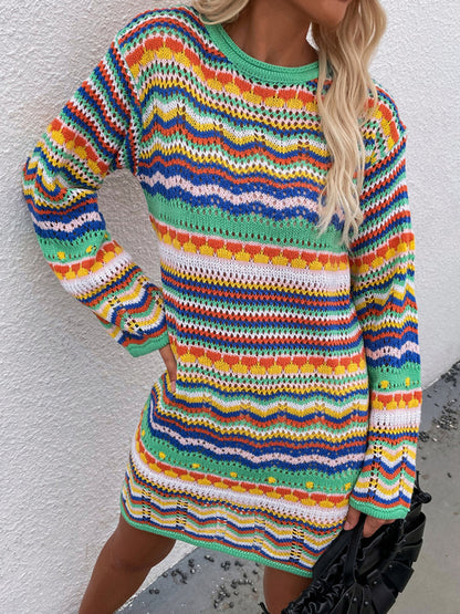 Pullover Rainbow Stripe Mini Sweater Dress