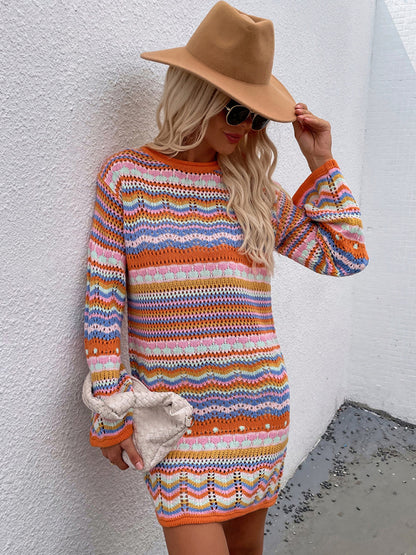 Pullover Rainbow Stripe Mini Sweater Dress