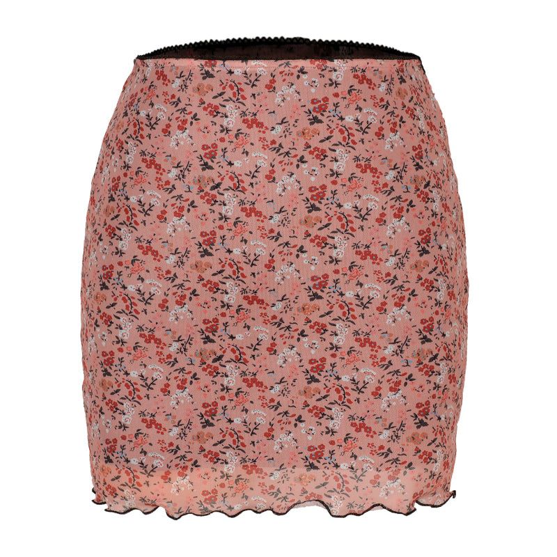 Printed Mesh High Waist Double-Layer Slim Fit Mini Skirt