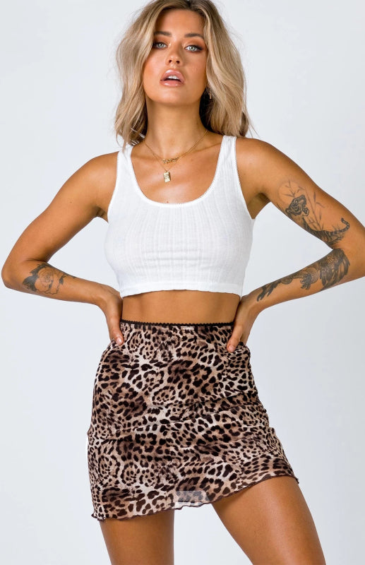 Printed Mesh High Waist Double-Layer Slim Fit Mini Skirt