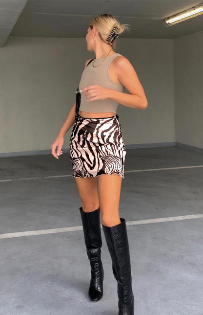 Printed Mesh High Waist Double-Layer Slim Fit Mini Skirt