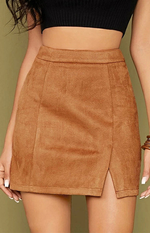 Suede Hip High Waist A-Line Mini Skirt