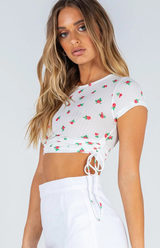 Printed Drawstring Plunging Round Neck Short-Sleeved T-Shirt