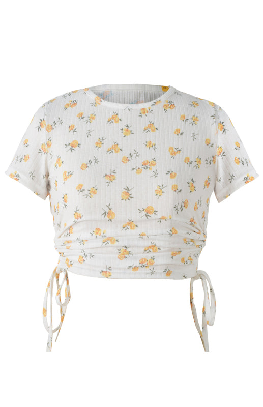 Printed Drawstring Plunging Round Neck Short-Sleeved T-Shirt