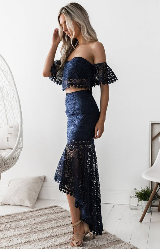 Elegant Lace Off-shoulder Top & Midi Skirt Set