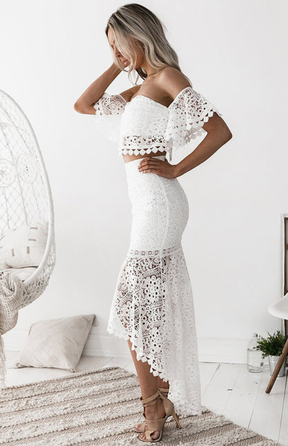 Elegant Lace Off-shoulder Top & Midi Skirt Set