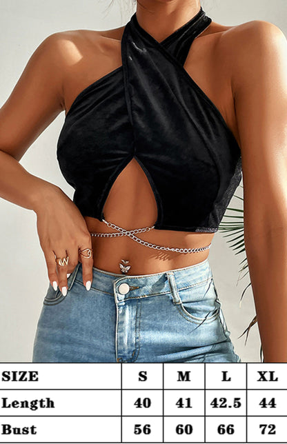 Solid Knit Chain Velvet Halter Tank Top