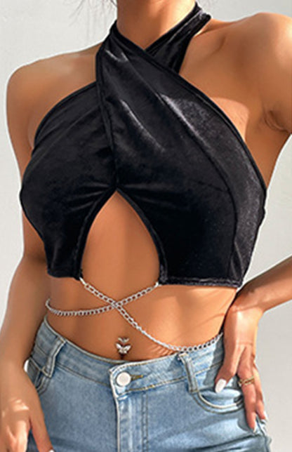 Solid Knit Chain Velvet Halter Tank Top