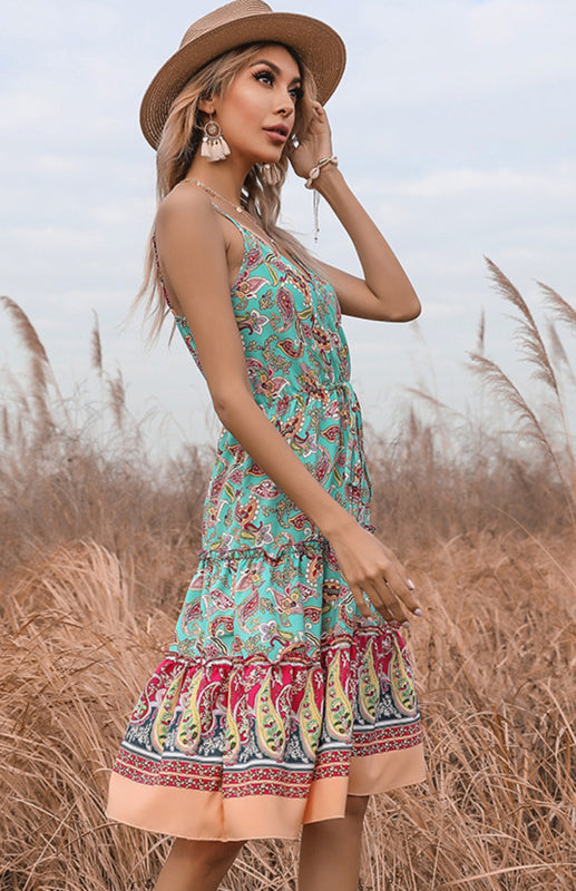 Ethnic Print Boho V-Neck Slip Midi Dress