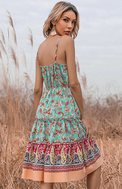 Ethnic Print Boho V-Neck Slip Midi Dress