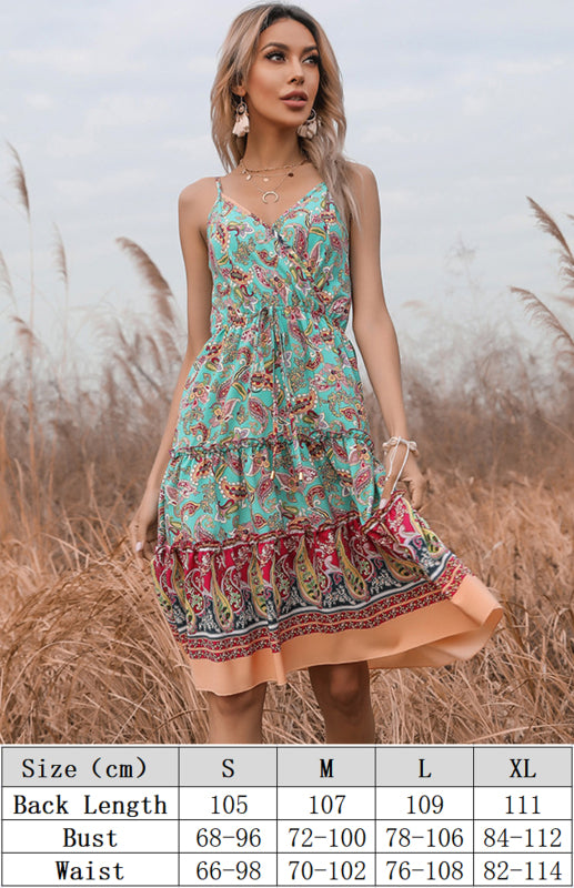 Ethnic Print Boho V-Neck Slip Midi Dress