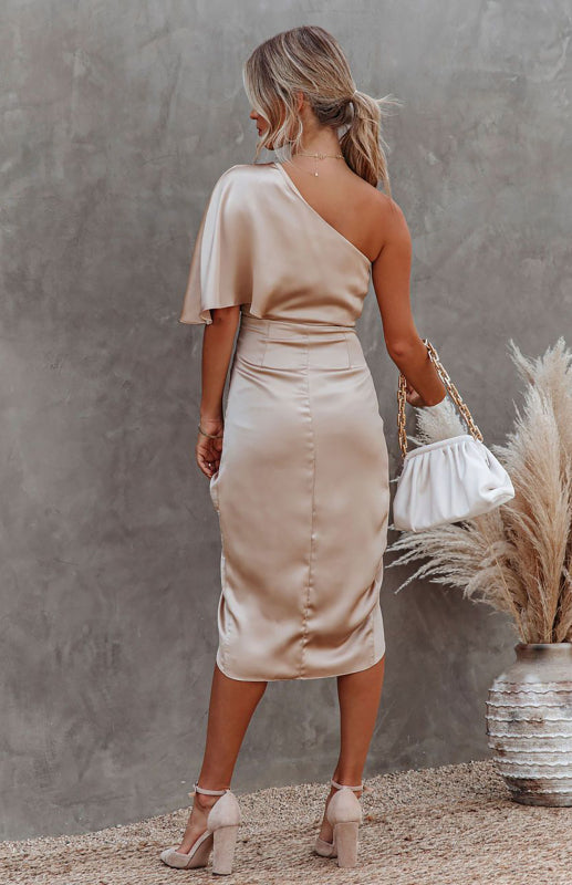 One Sleeve Irregular Pleated Waist Skirt Midi Dress