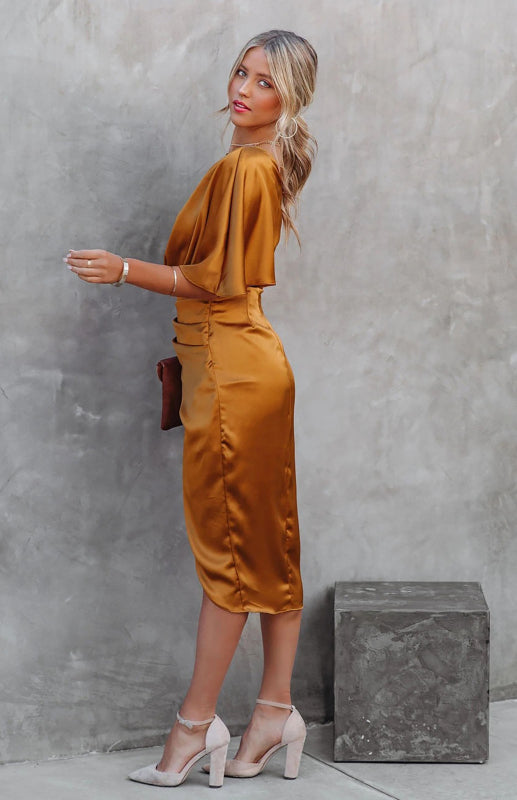 One Sleeve Irregular Pleated Waist Skirt Midi Dress