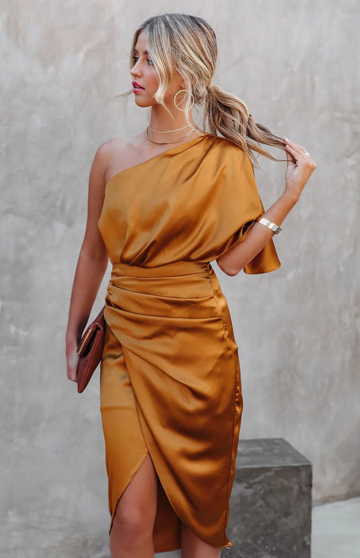 One Sleeve Irregular Pleated Waist Skirt Midi Dress