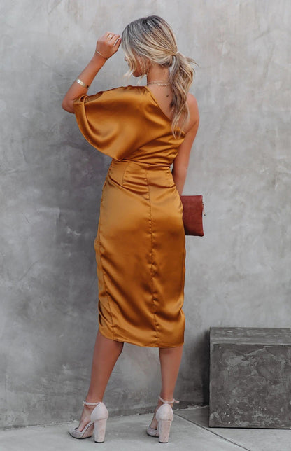 One Sleeve Irregular Pleated Waist Skirt Midi Dress