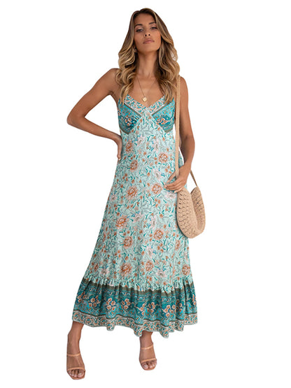 Sleeveless Bohemian Halter Floral Maxi Dress