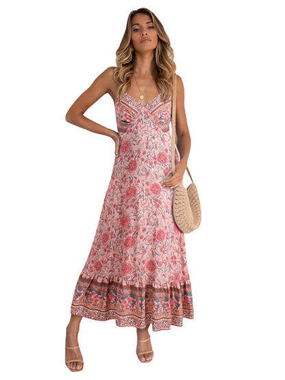 Sleeveless Bohemian Halter Floral Maxi Dress