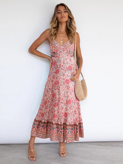 Sleeveless Bohemian Halter Floral Maxi Dress