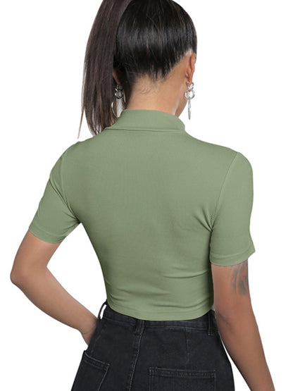 Short Sleeve Dual Zipper Lapel Collar Tight-fitting Top