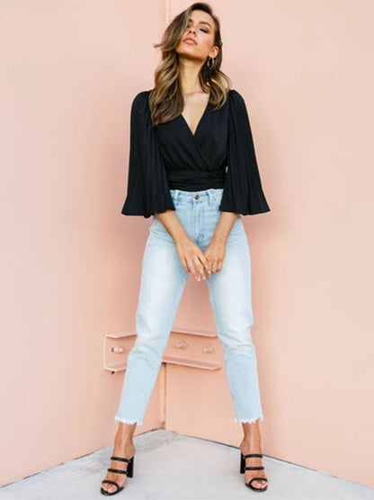 Long Sleeved Thin V-neck Flared Sleeve Top