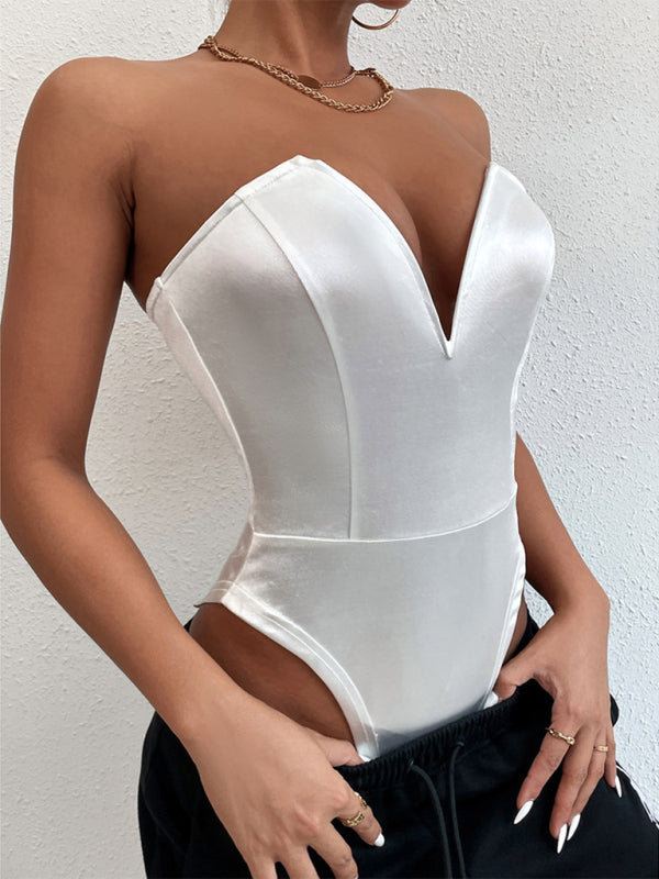 Plunging V-neck Tube Top Y2K Bodysuit