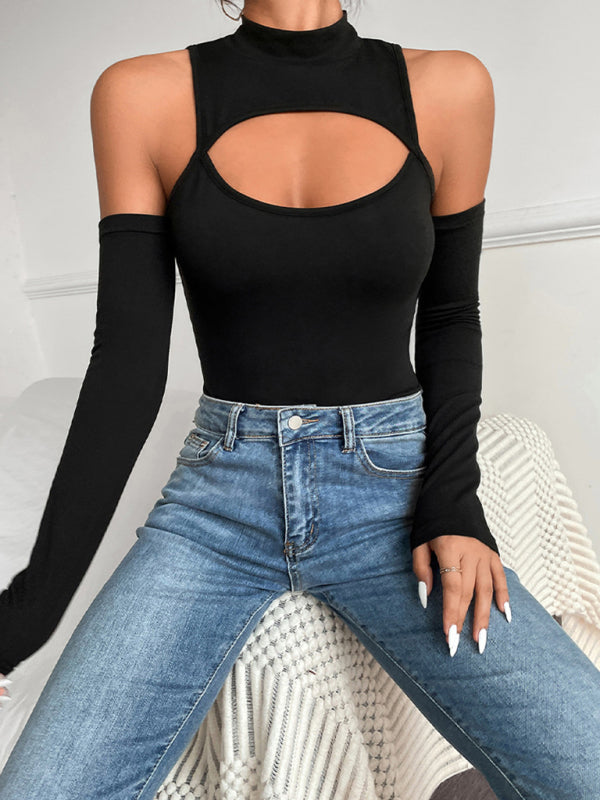 Irregular Hollow Long-sleeve Slim-fit Off-shoulder Bodysuit