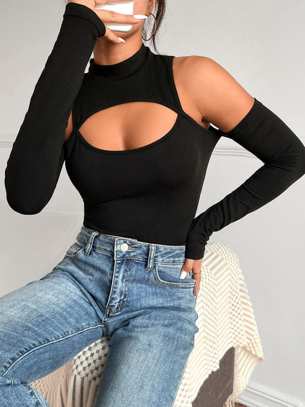 Irregular Hollow Long-sleeve Slim-fit Off-shoulder Bodysuit