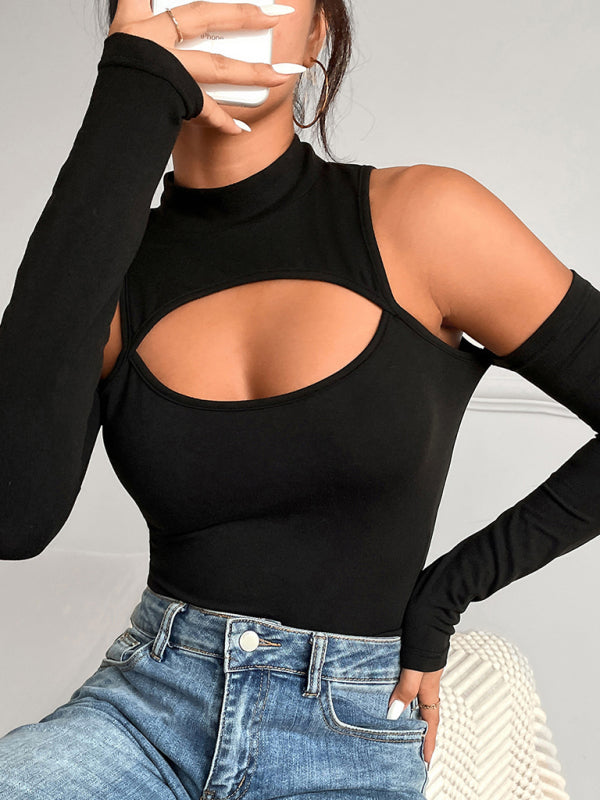 Irregular Hollow Long-sleeve Slim-fit Off-shoulder Bodysuit