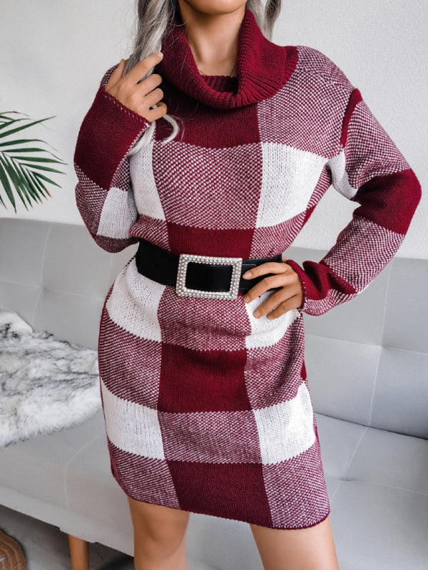 Plaid High Turtleneck Collar Wool Knitted Sweater Dress