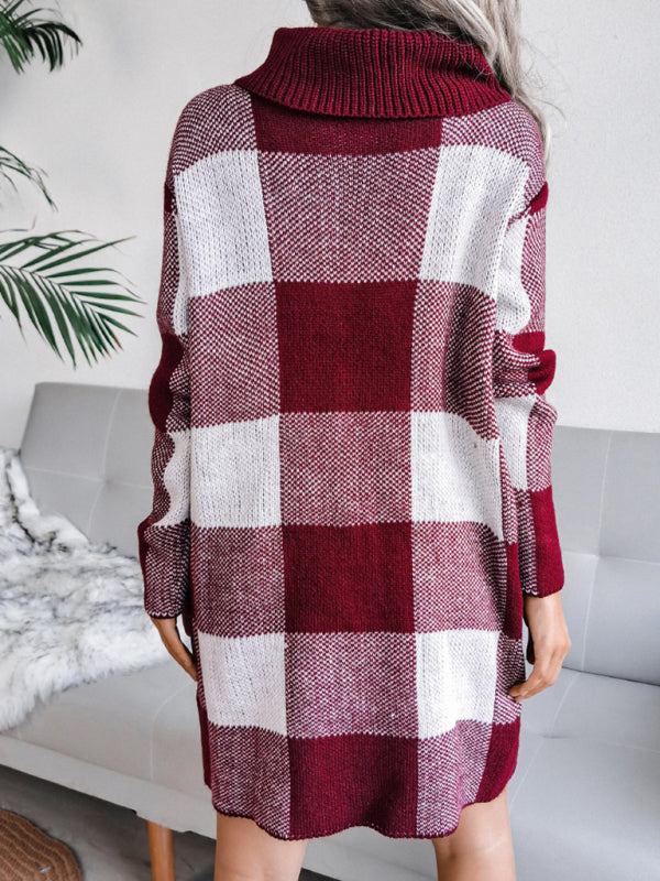 Plaid High Turtleneck Collar Wool Knitted Sweater Dress