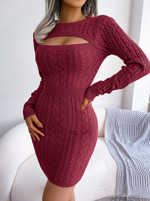 Sexy Hollow-out Twist Waist Knitted Sweater Dress