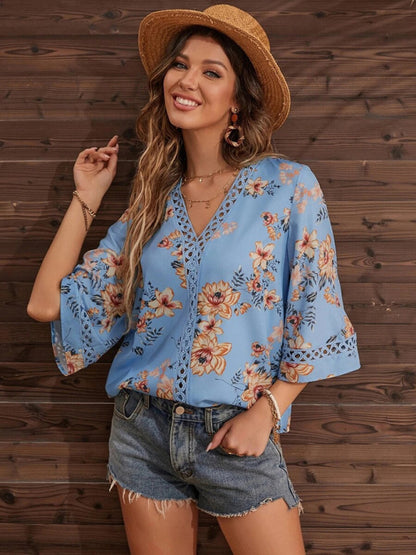 V-neck Printed Patchwork Lace Flared Sleeve Top