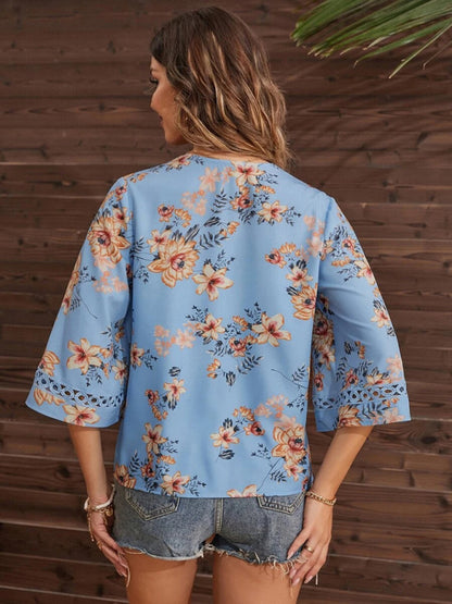 V-neck Printed Patchwork Lace Flared Sleeve Top