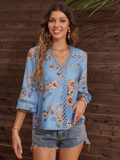 V-neck Printed Patchwork Lace Flared Sleeve Top