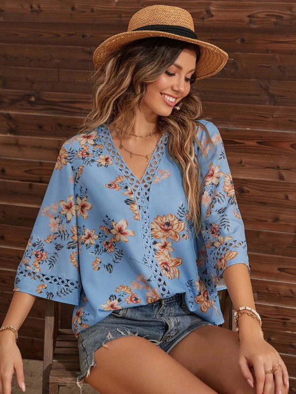 V-neck Printed Patchwork Lace Flared Sleeve Top