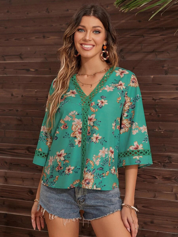 V-neck Printed Patchwork Lace Flared Sleeve Top