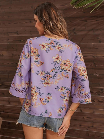 V-neck Printed Patchwork Lace Flared Sleeve Top