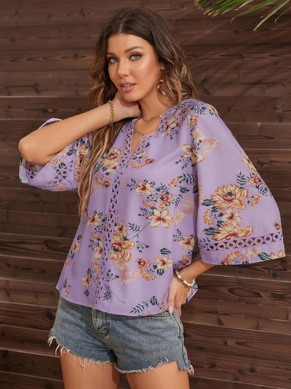 V-neck Printed Patchwork Lace Flared Sleeve Top