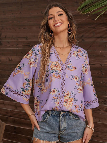 V-neck Printed Patchwork Lace Flared Sleeve Top