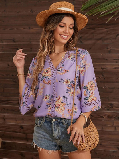 V-neck Printed Patchwork Lace Flared Sleeve Top