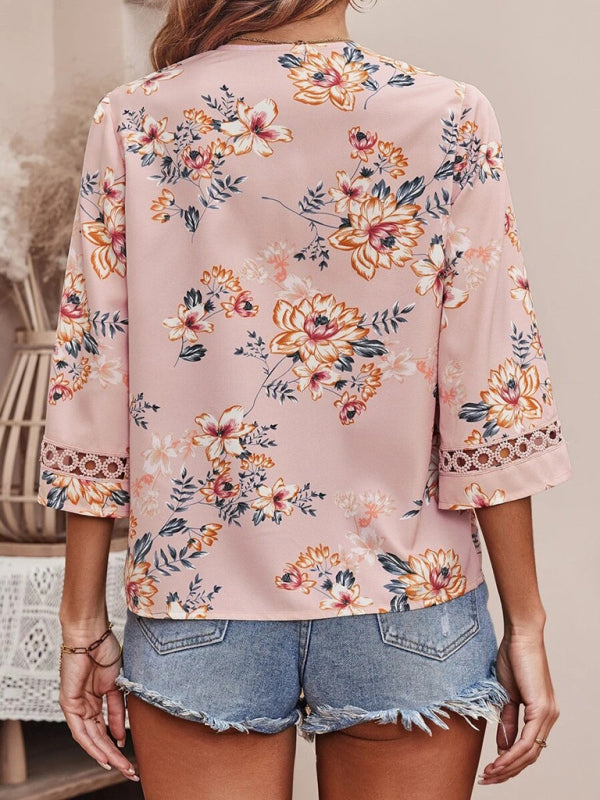 V-neck Printed Patchwork Lace Flared Sleeve Top