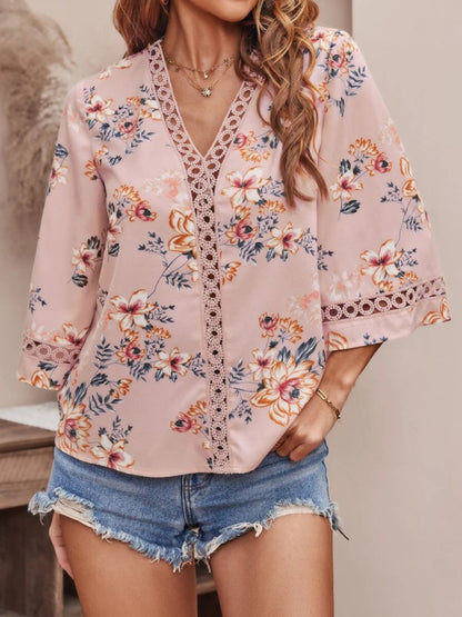 V-neck Printed Patchwork Lace Flared Sleeve Top