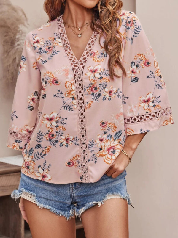 V-neck Printed Patchwork Lace Flared Sleeve Top