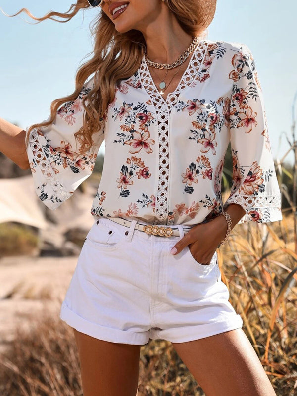 V-neck Printed Patchwork Lace Flared Sleeve Top