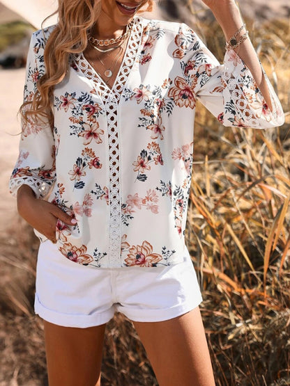 V-neck Printed Patchwork Lace Flared Sleeve Top