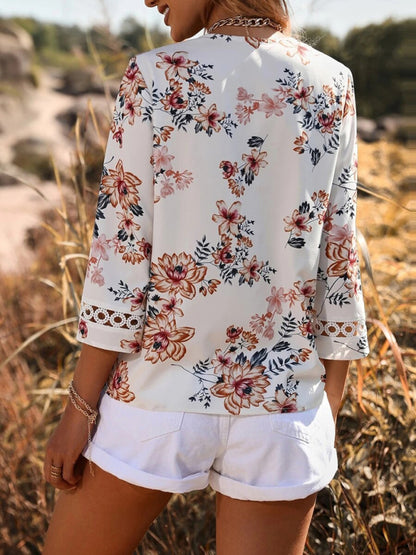 V-neck Printed Patchwork Lace Flared Sleeve Top