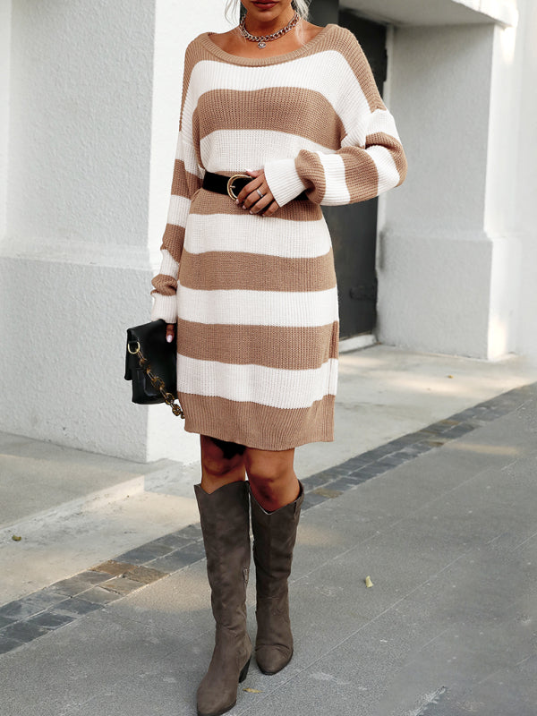 Wide Round Neck Striped Loose Lazy Sweater Dress